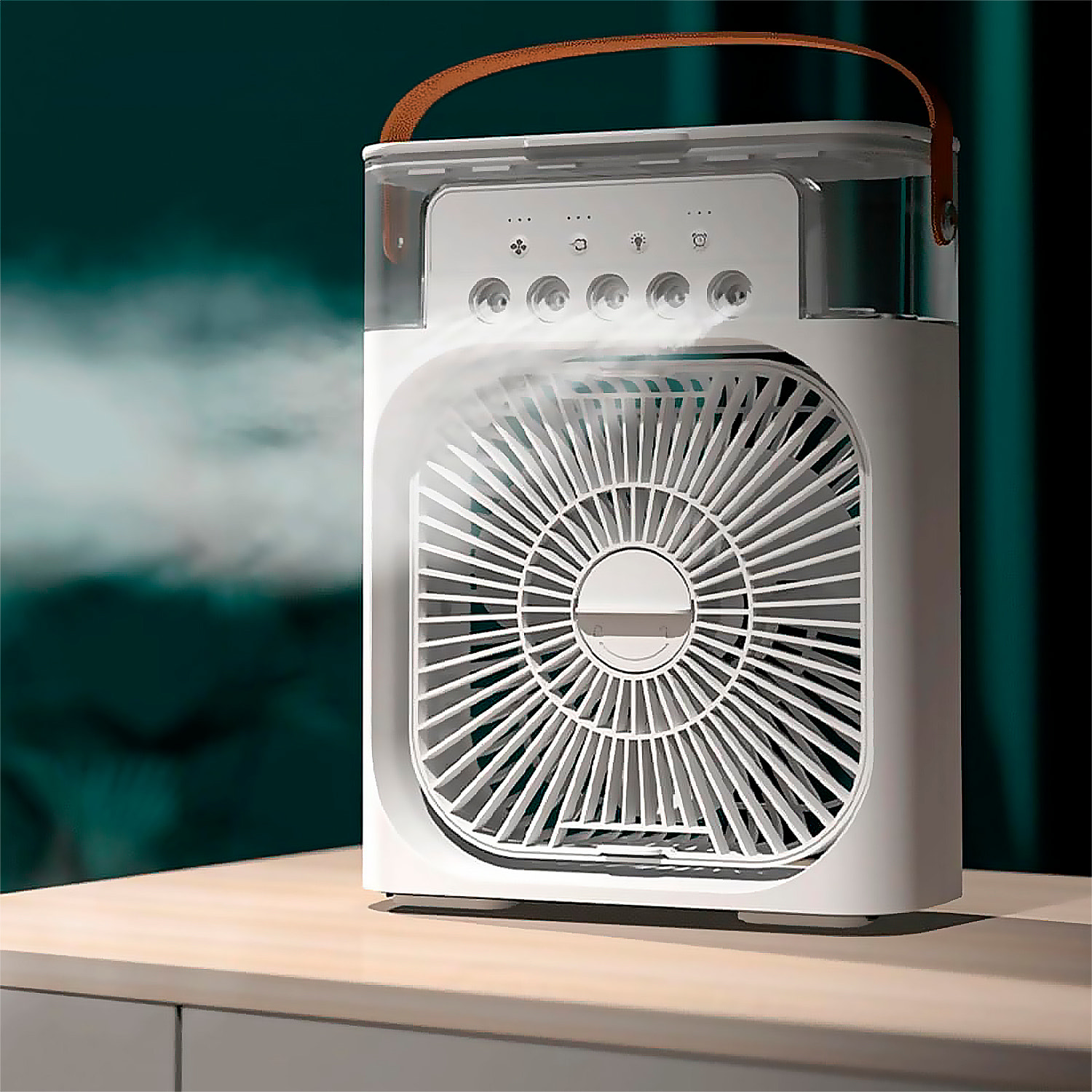 Ventilador de aire frío con 3 intensidades y luz RGB ajustable.