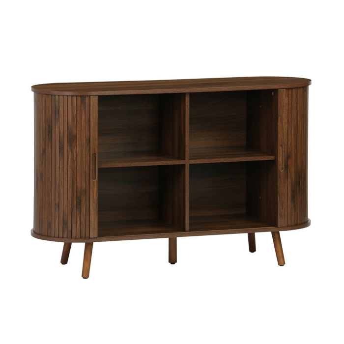 Buffet scandinave 2 portes coulissantes. 4 compartiments. effet bois rainuré. couleur noyer. buffet bas. L 120 x P 40 x H 75cm