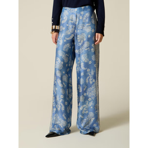 Oltre - Pantalones palazzo de satén estampado - Light - blue