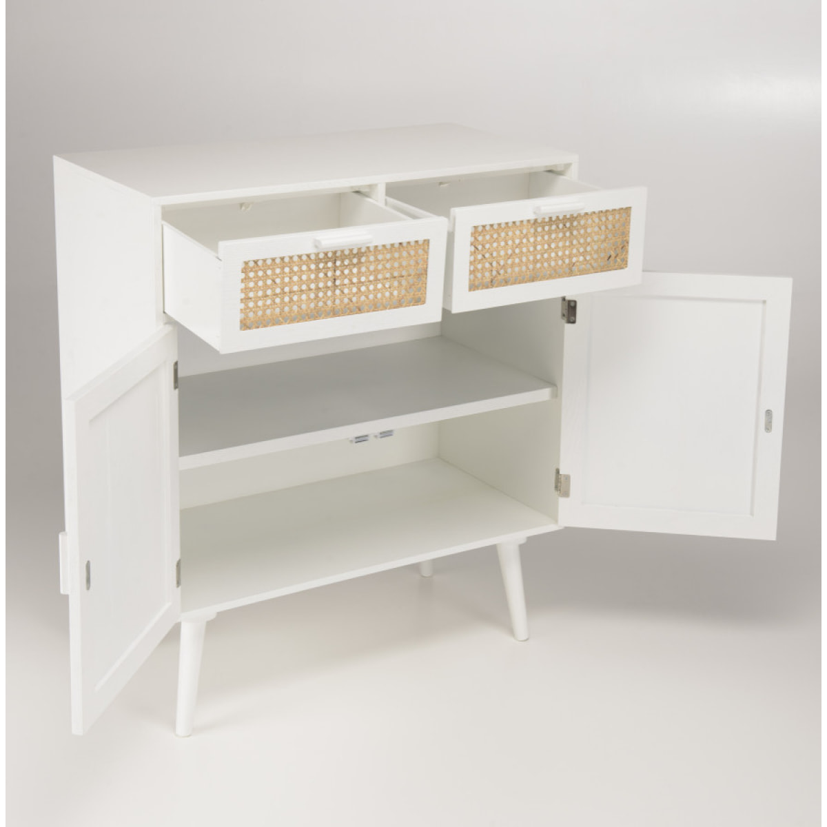 SANDRO - Buffet blanc 2 portes 2 tiroirs cannage naturel