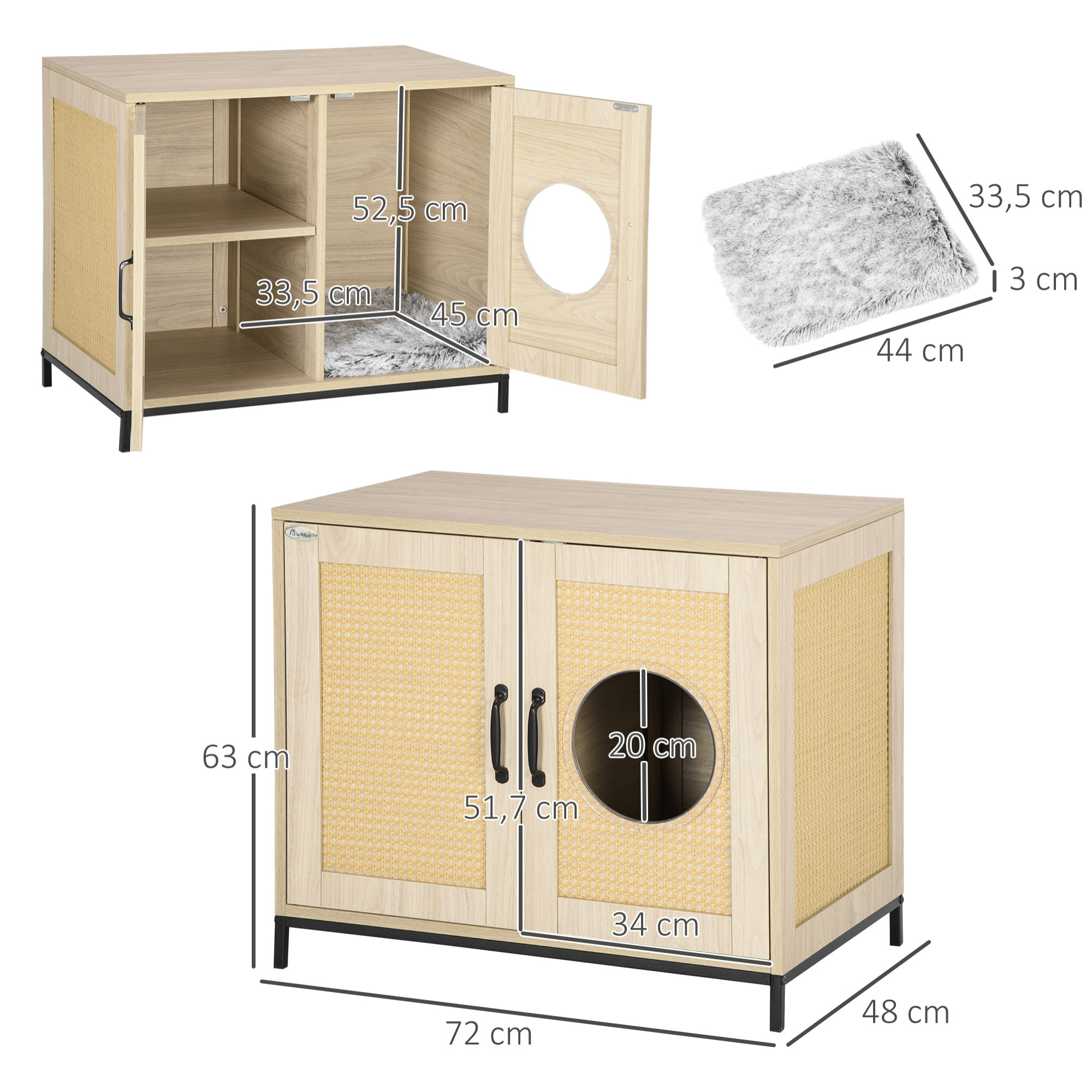 PawHut Meuble maison de toilette pour chat 2 en 1 avec double porte châssis Acier Panneaux Particules Aspect Bois Clair