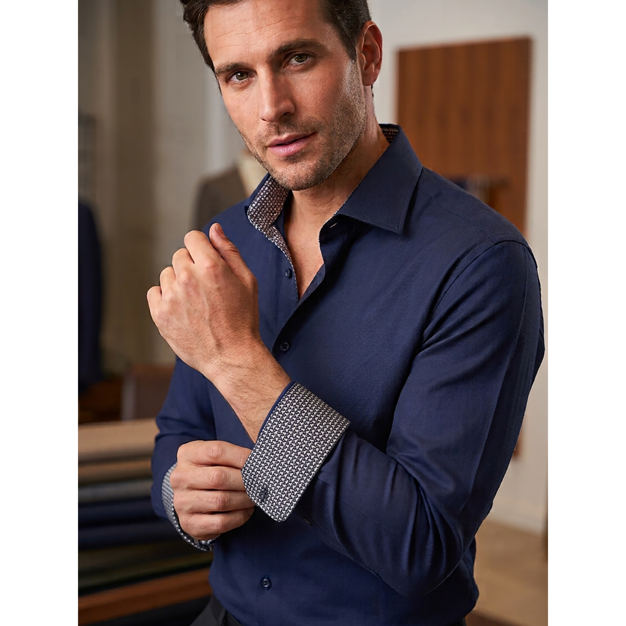 Camicia Uomo 2 Bottoni Button Down Slim Popeline Stretch Unito Blu