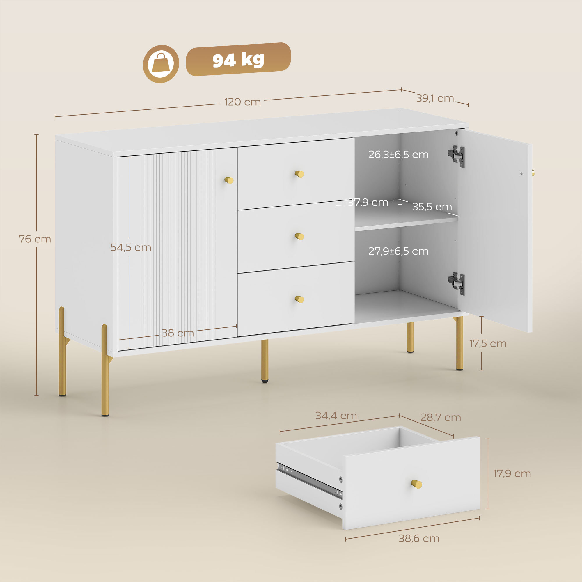 Aparador Moderno de 2 Puertas, Aparador de Salón con 3 Cajones, Estantes Ajustables, Encimera con Efecto Mármol, Patas de Acero, para Cocina, Entrada, Dormitorio, Blanco, 120x39,1x76 cm