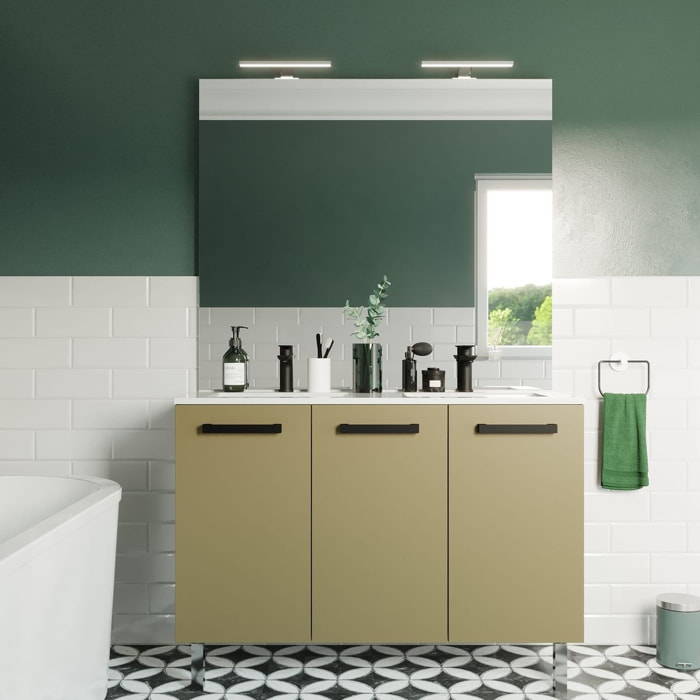 Meuble de salle de bain suspendu avec pieds double vasque intégrée 120cm 3 portes Vert olive - Chelsea