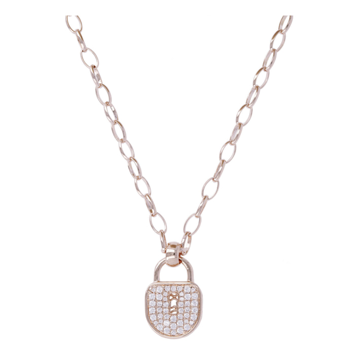 Collana Lunga Catena Rolo Ovale con Pendente Lucchetto in Pavé di Cubic Zirconia