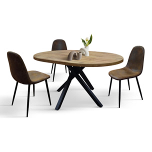 Tavolo rotondo POLA in legno, finitura rovere rustico e gambe incrociate in metallo nero, allungabile Ø100xH75 cm - 140x100x75 cm