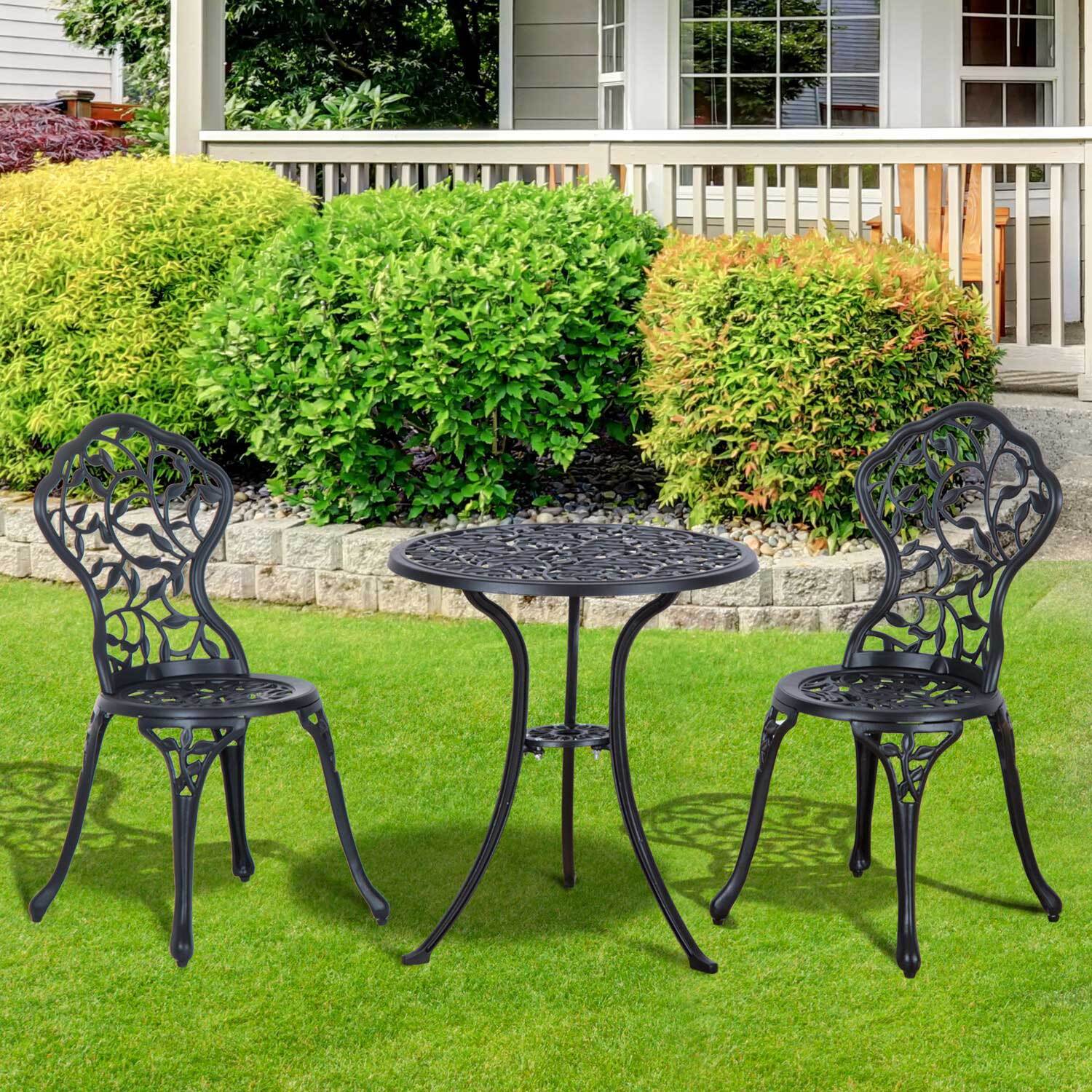Ensemble salon de jardin 2 places avec table ronde style rétro fonte alu noir