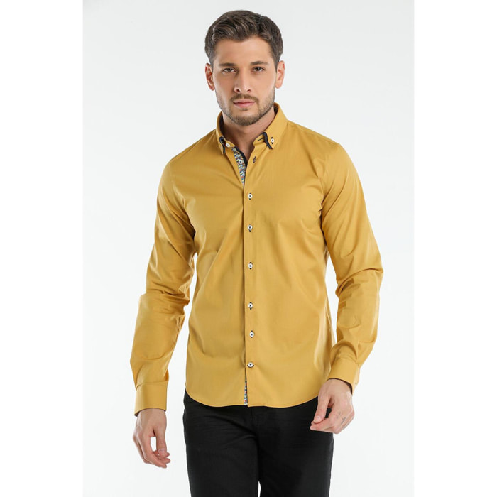 Camicia 1 Bottone Button Down Slim Uomo Popeline Stretch Unito Senape
