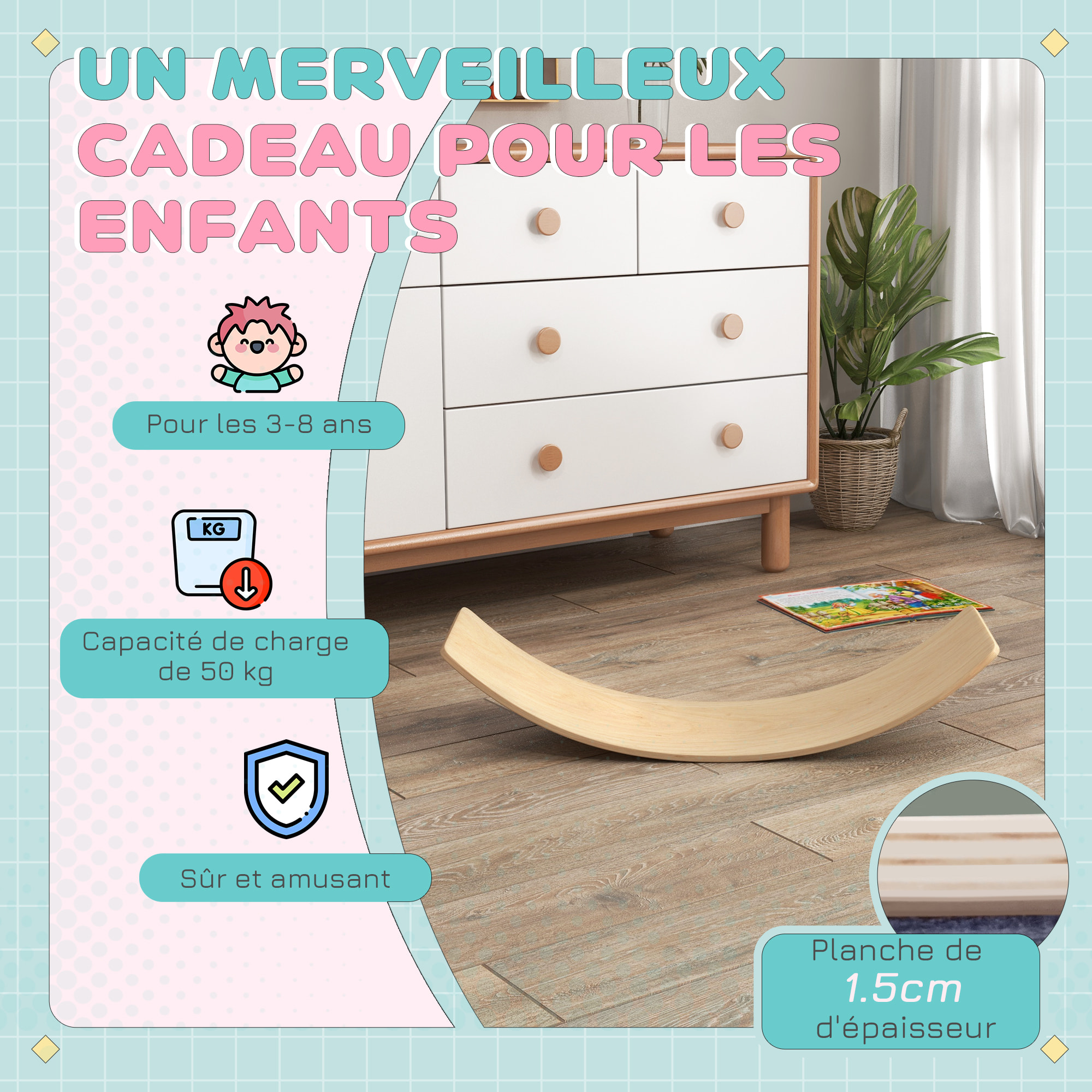 Planche d'équilibre et motricité enfant - planche d'équilibre en panneaux bois pin