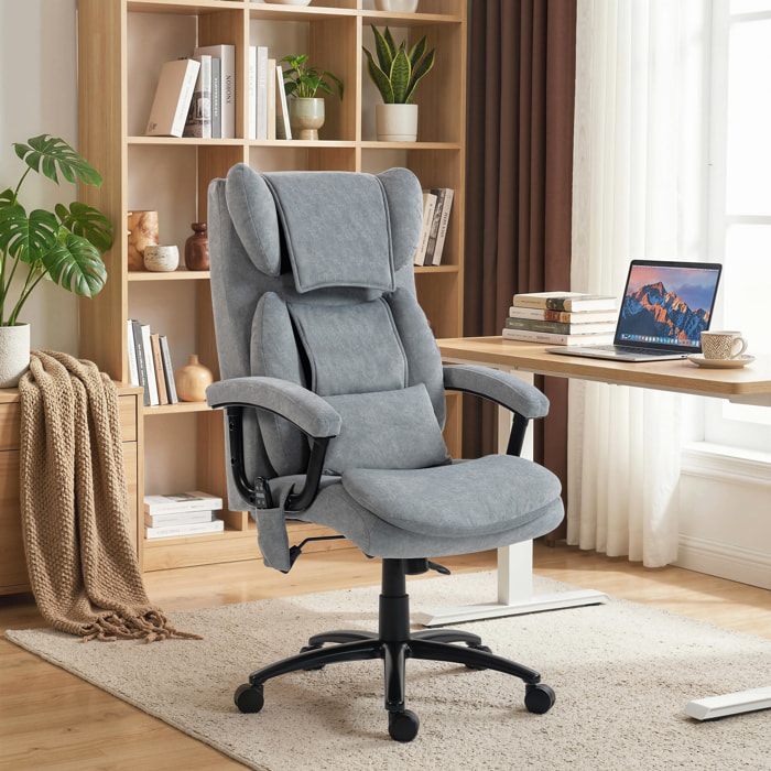 Silla de Oficina con Masaje de Amasamiento de 4 Puntos, Silla de Escritorio con Respaldo Alto, Altura Ajustable, Asiento Amplio, Cojín Lumbar, Basculante, Tapizada en Terciopelo, Gris