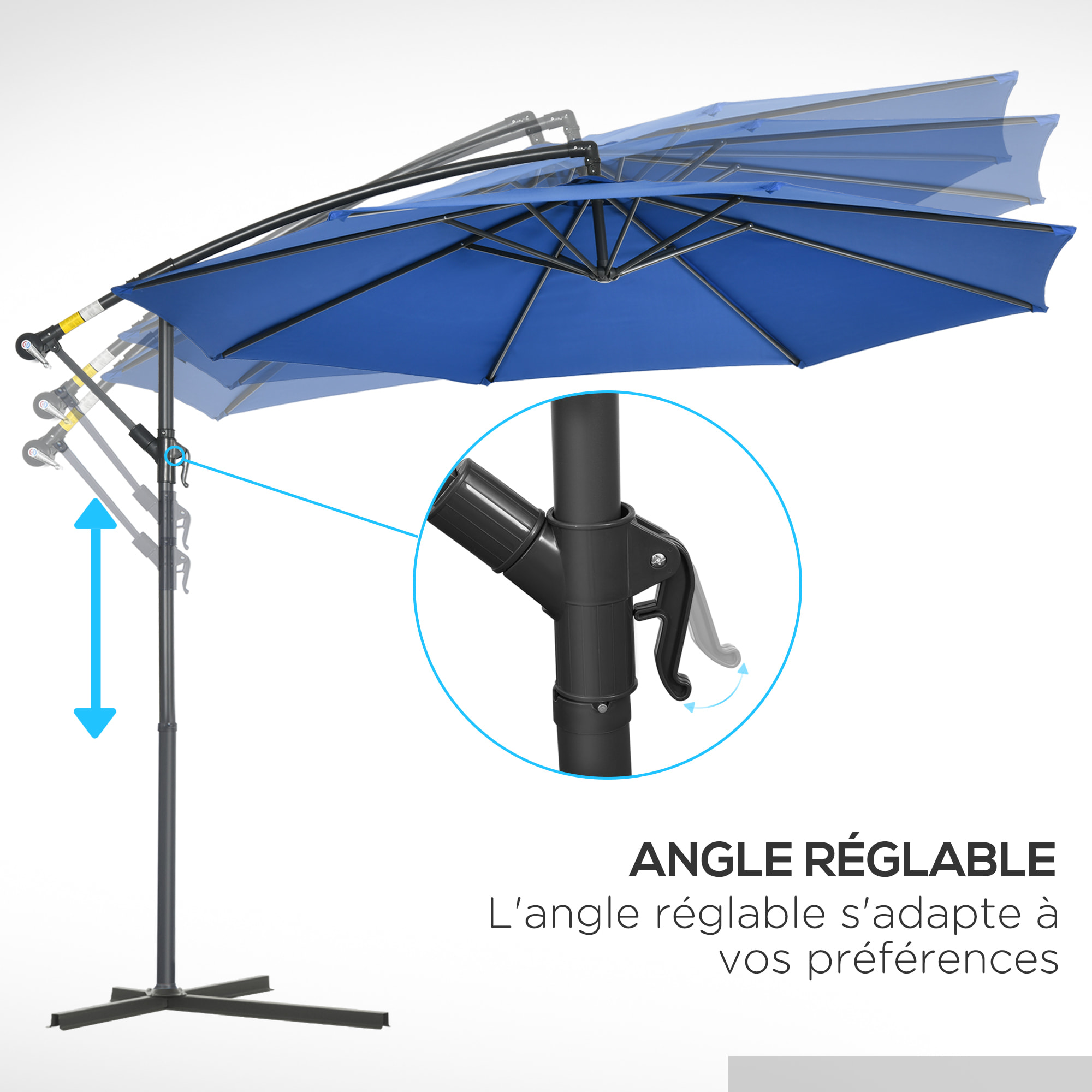 Parasol déporté octogonal inclinable rabattable diamètre 2,97 m parasol de jardin avec pied en croix bleu