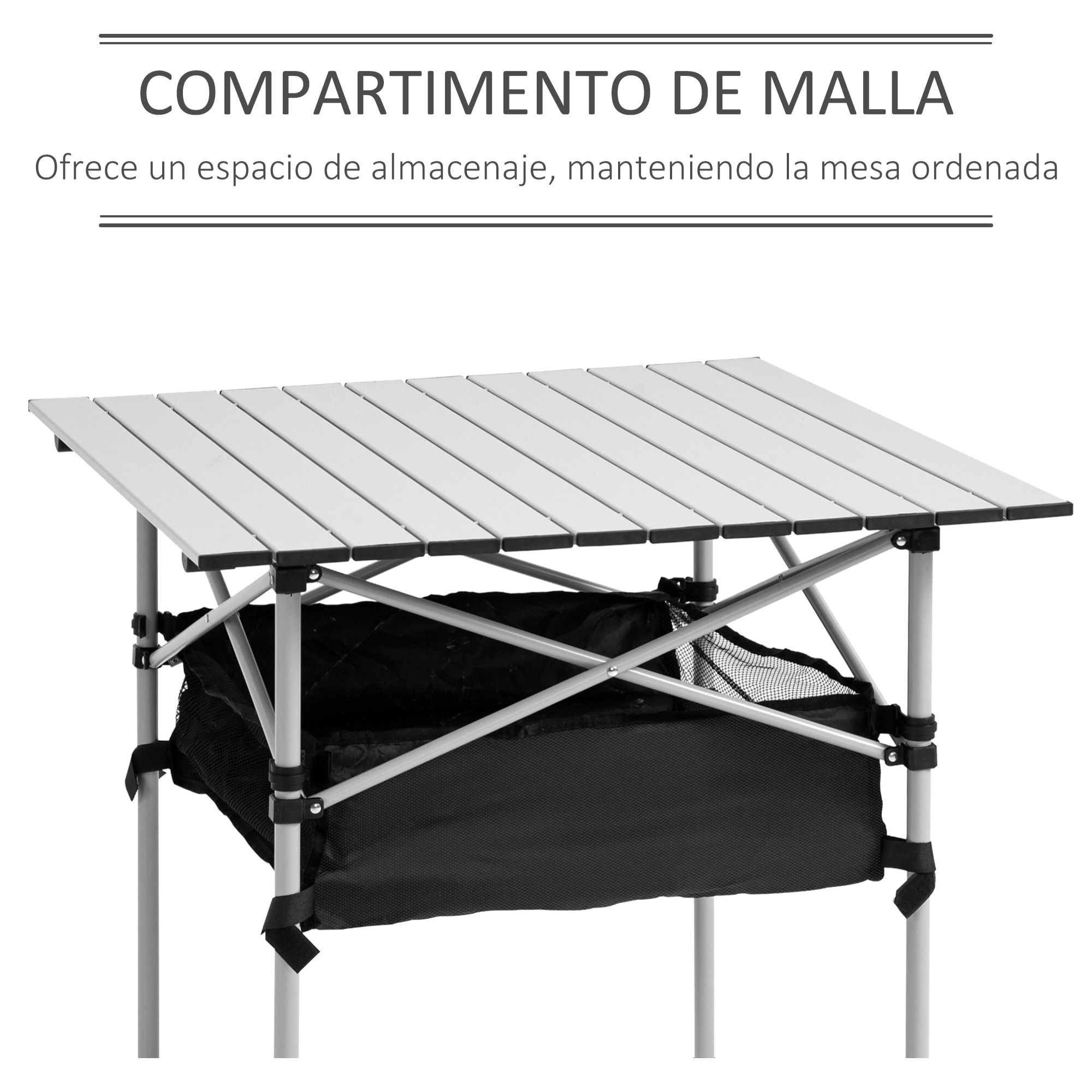 Mesa de Camping Plegable Mesa Plegable Portátil Multifuncional con Espacio Almacenaje de Malla y Bolsa de Transporte para Jardín Balcón Patio Exterior 70x70x69 cm Plata