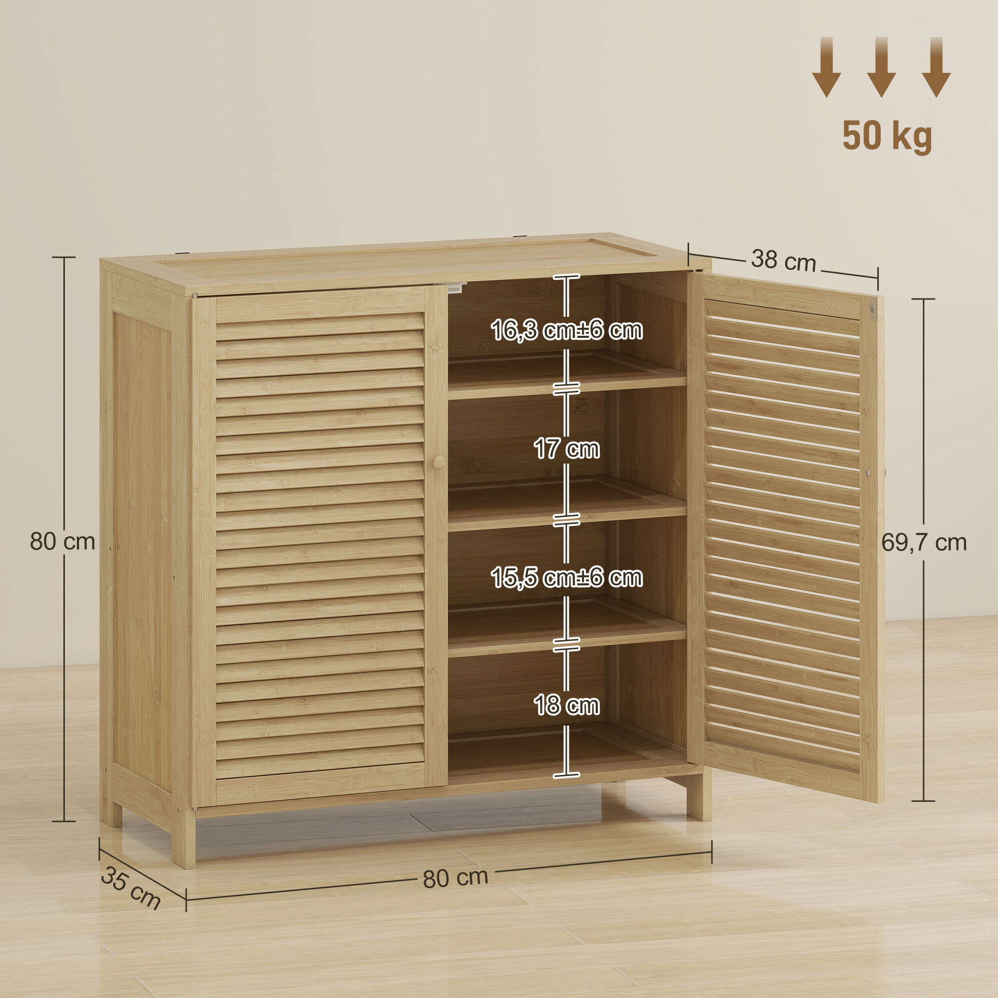 Mueble Zapatero de Bambú, Armario para Zapatos con Puertas de Persiana, Estantes Ajustables, para 14 Pares de Zapatos, Zapatero para Pasillo Recibidor, 80x35x80 cm, Natural