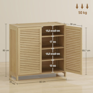 Mueble Zapatero de Bambú, Armario para Zapatos con Puertas de Persiana, Estantes Ajustables, para 14 Pares de Zapatos, Zapatero para Pasillo Recibidor, 80x35x80 cm, Natural