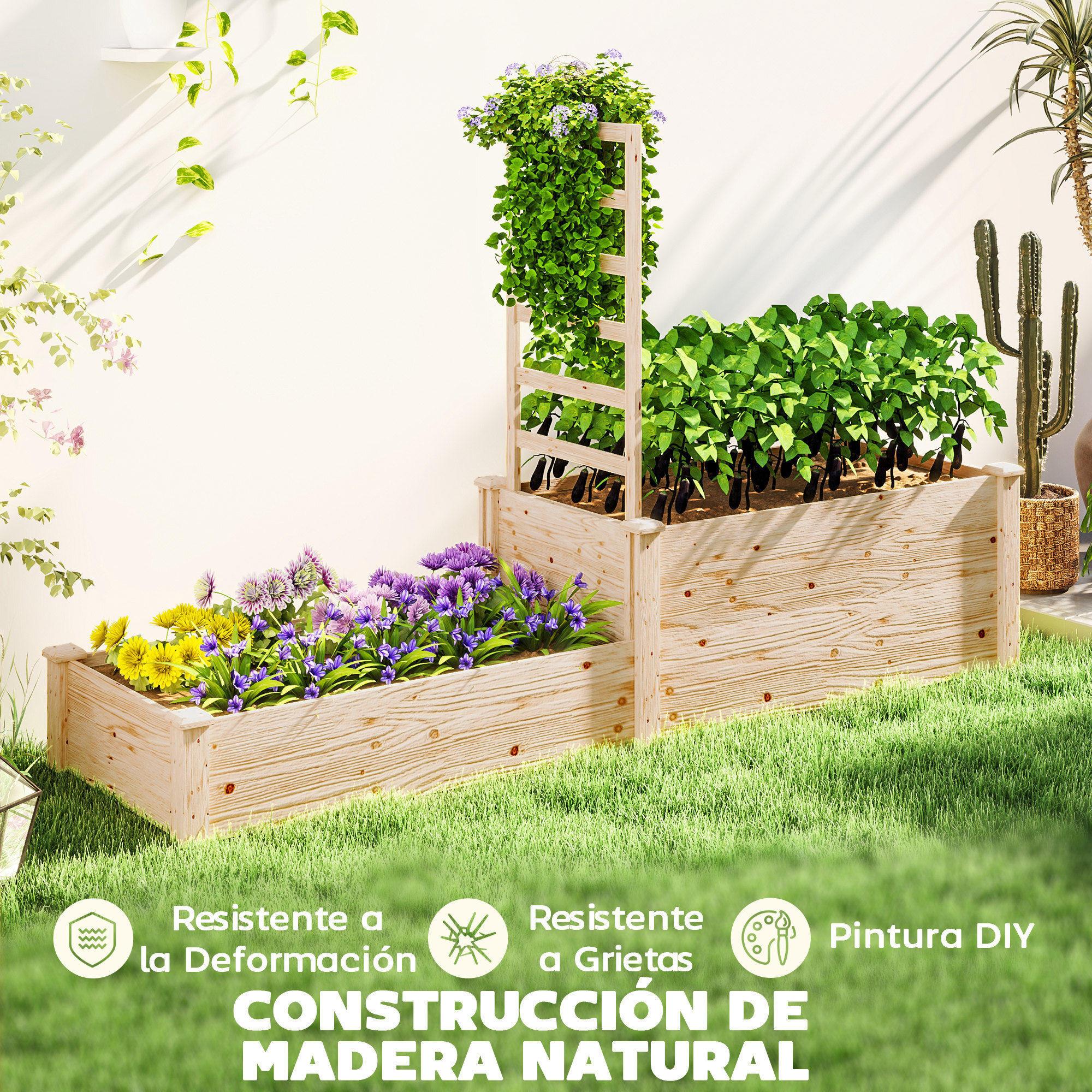 Jardinera Exterior Grande de Madera Jardinera Elevada con Celosía para Plantas Trepadoras y 2 Cajas de Cultivo para Jardín Patio Terraza 222x63x132 cm Natural