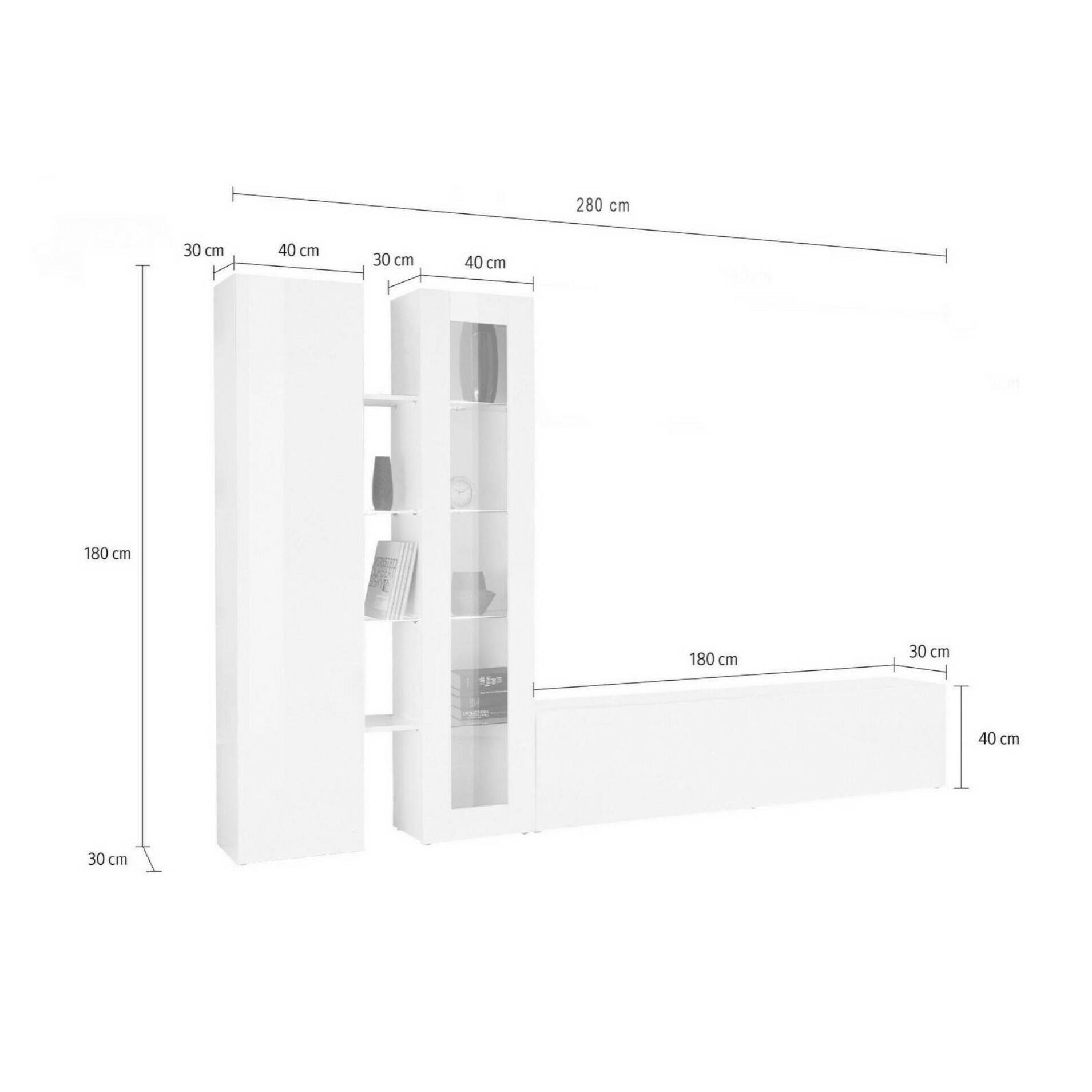 Parete attrezzata Dimitri, Set salotto porta TV a 3 ante, Mobile soggiorno multiuso con vetrina e luce LED, 100% Made in Italy, cm 280x30h180, Bianco lucido