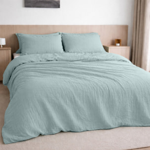 Drap housse - bonnet:30cm 100% gaze de coton lavé bleu givrée