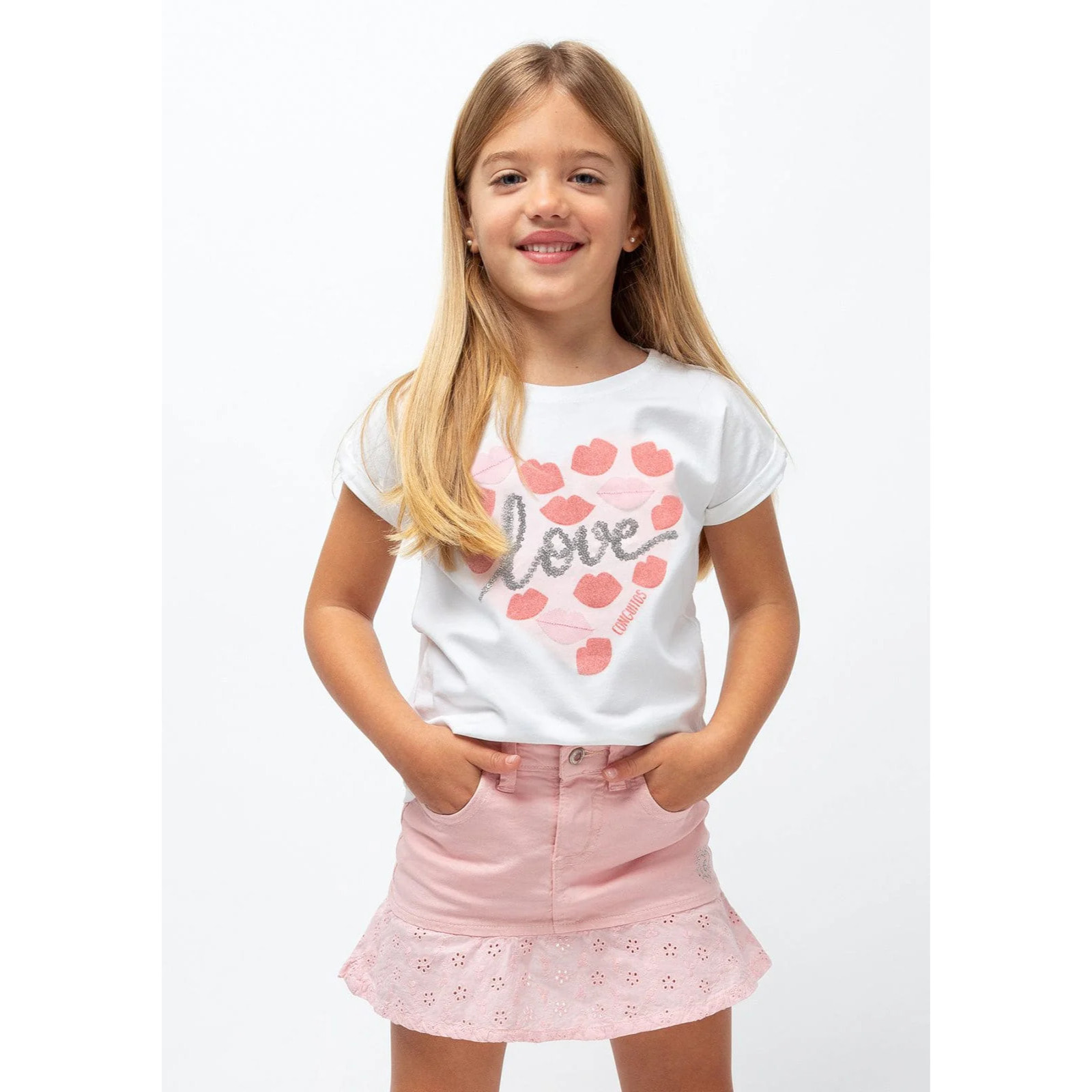 Falda acampanada con volantes rosa para niña