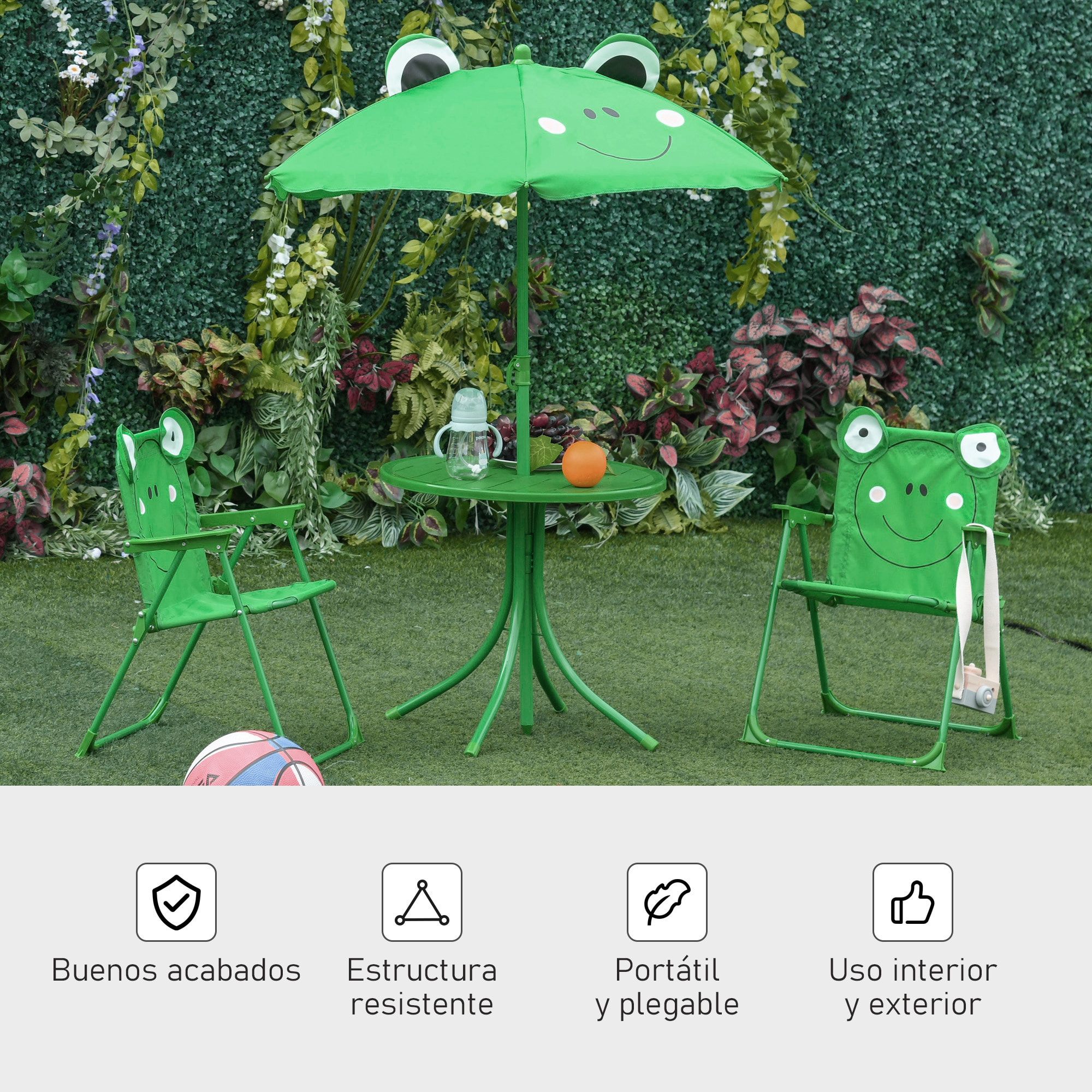 Set de Mesa y Sillas Infantil de Jardín Conjunto de Picnic Plegable para Niños Juego de Mesa con Sombrilla Ajustable en Altura de 100-125 cm Diseño de Rana Verde