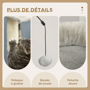 Arbre à chat griffoirs sisal naturel plateforme panier hamac boules suspendues et à ressort peluche gris clair