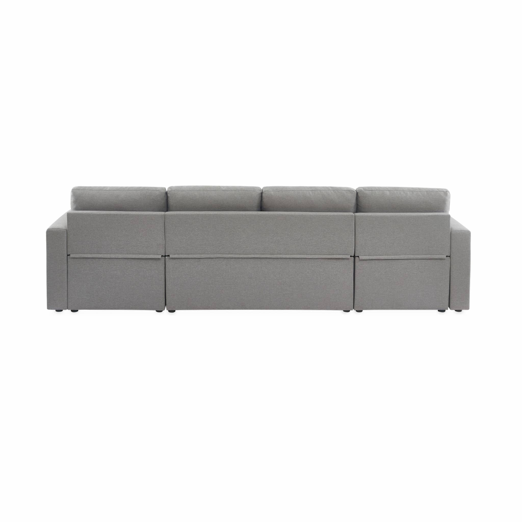 Canapé panoramique convertible en tissu gris clair. 4 places. coffre rangement. lit modulable