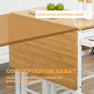 Ensemble table de bar pliable sur roulettes avec 2 tiroirs - 2 tabourets inclus - bois bambou verni et blanc