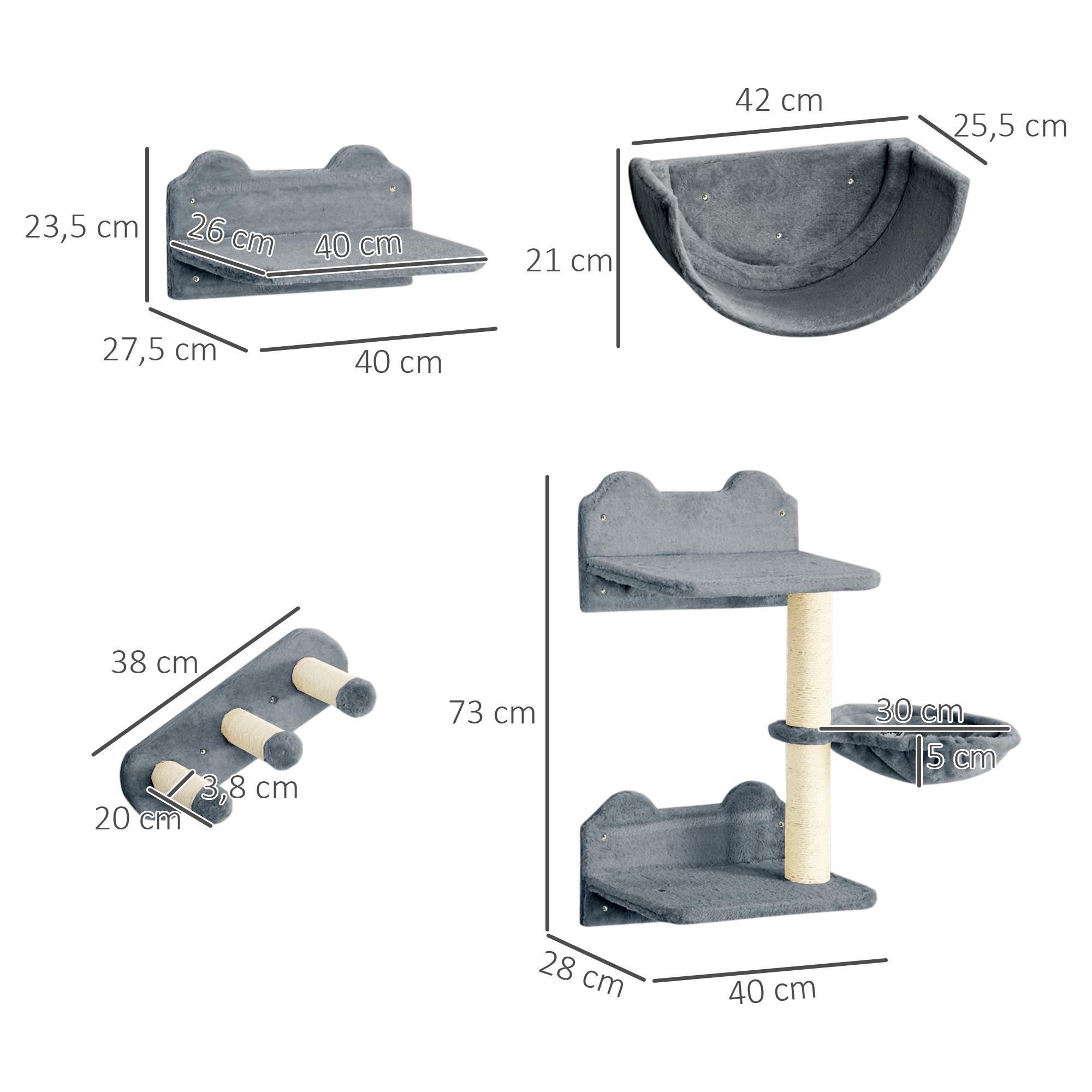 Estante de Escalada para Gatos de Pared Juego de Estantes para Gatos 4 Piezas con Hamaca Nido Rascador Plataformas para Saltar y Poste de Sisal Gris