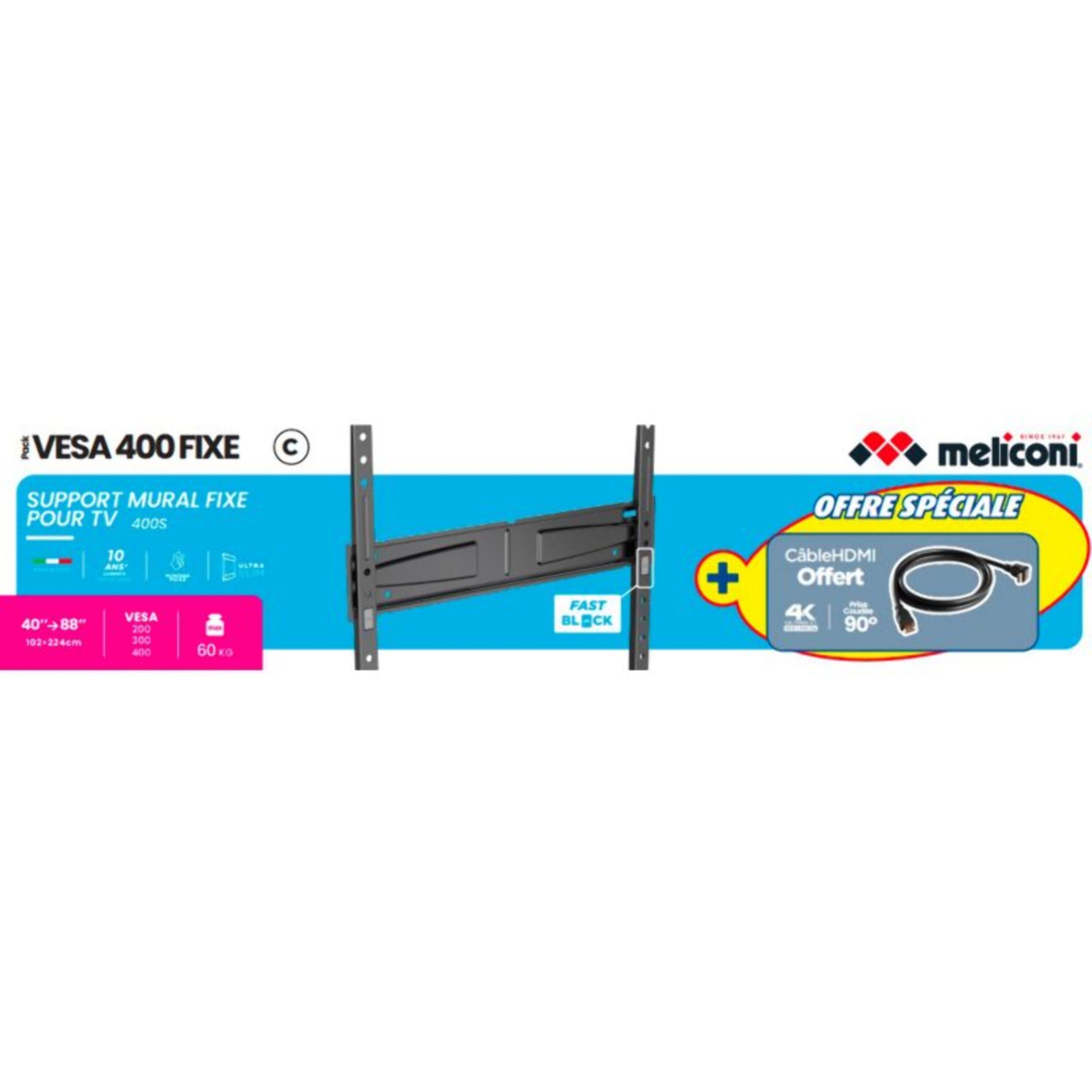 Support mural TV MELICONI support TV VESA 400 + cable HDMI 4K 1.5M