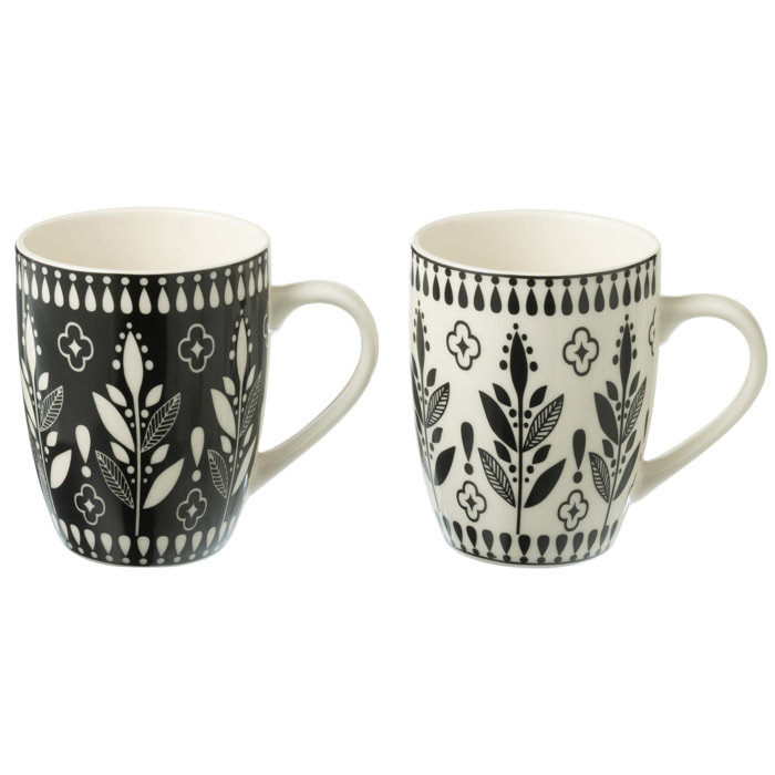 J-Line tasse Feuilles - céramique - noir/blanc - boîte de 2
