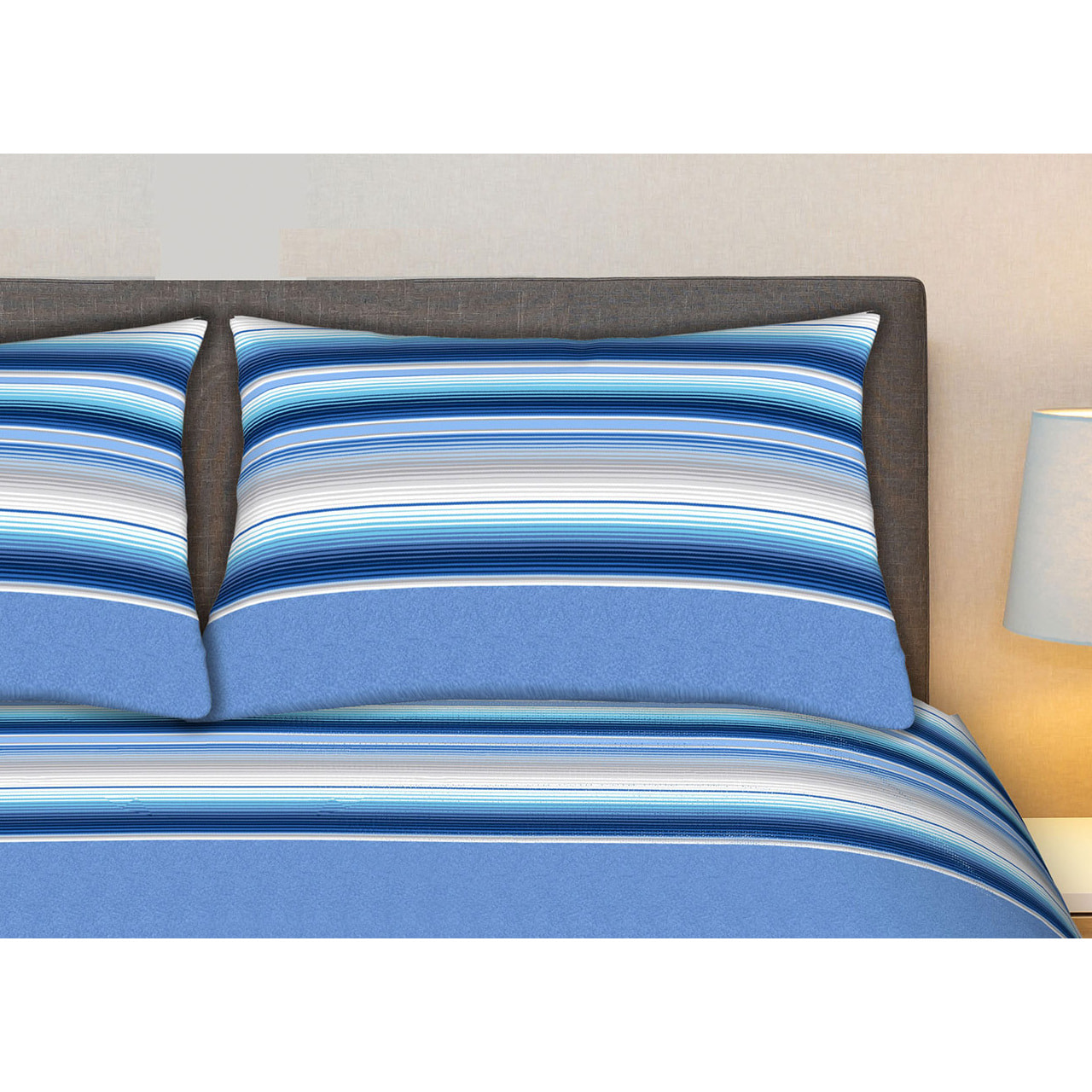 Completo Lenzuola 100% Cotone Effetto Seta Striped Blu CN