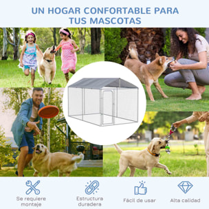 Perrera de Exterior con Toldo Anti-UV Impermeable Parque para Perros con Puerta con Pestillo y Marco de Metal Galvanizado para Patio Jardín Terraza 4x2,3x2,3 m Plata