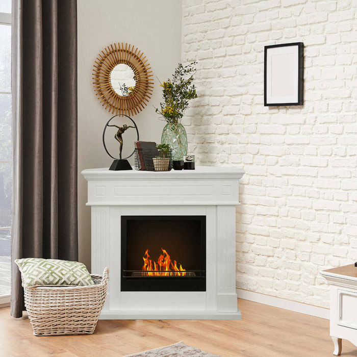 Camino a bioetanolo Piovera, Caminetto ecologico, Focolare senza fumo, Riscaldatore ad etanolo, Made in Italy, 63x110 h102 cm, Bianco