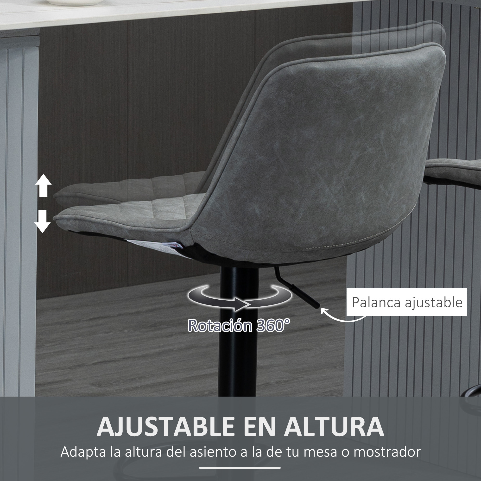 Juego de 2 Taburetes de Bar Giratorios, Taburetes Altos de Cocina con Altura Ajustable 86-106 cm, Sillas Altas de Cocina, Tapizada en Cuero Sintético, Respaldo y Reposapiés, Gris