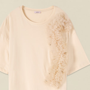 Oltre - Camiseta con aplicación de tul - Beige