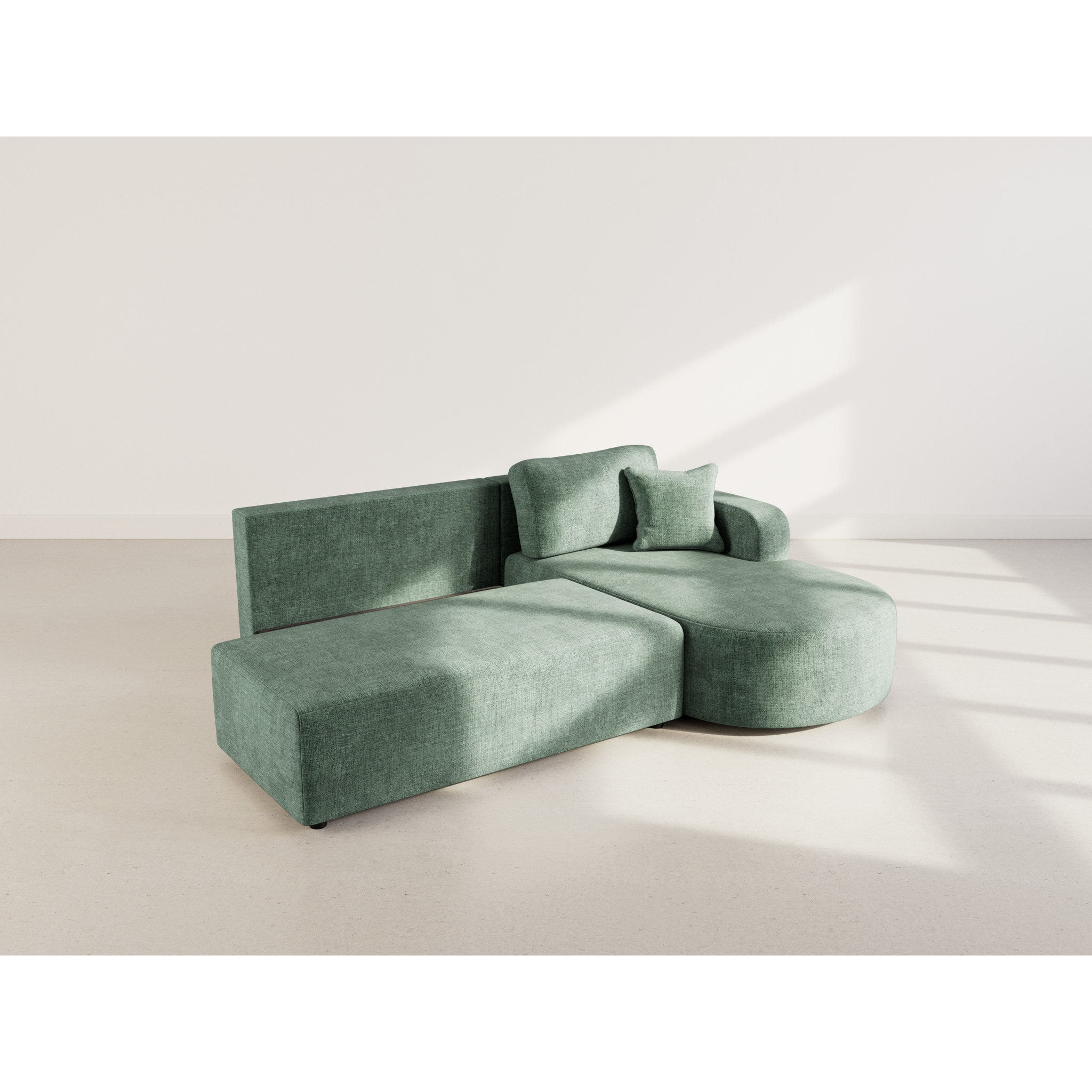 Miro - Canapé d'angle droit 4 places convertible avec coffre en velours texturé - Vert