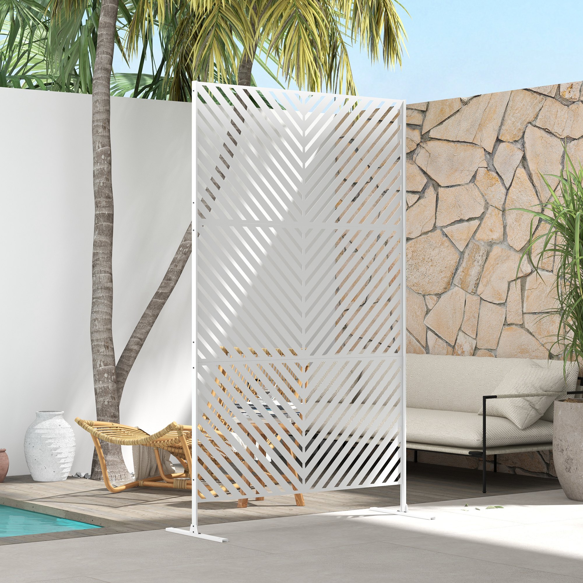 Biombo de Exterior Separador de Ambientes con 3 Piezas Patrón de Triángulo Invertido con Marco de Acero Pantalla de Privacidad para Patio Terraza Jardín 122x45x198 cm Blanco