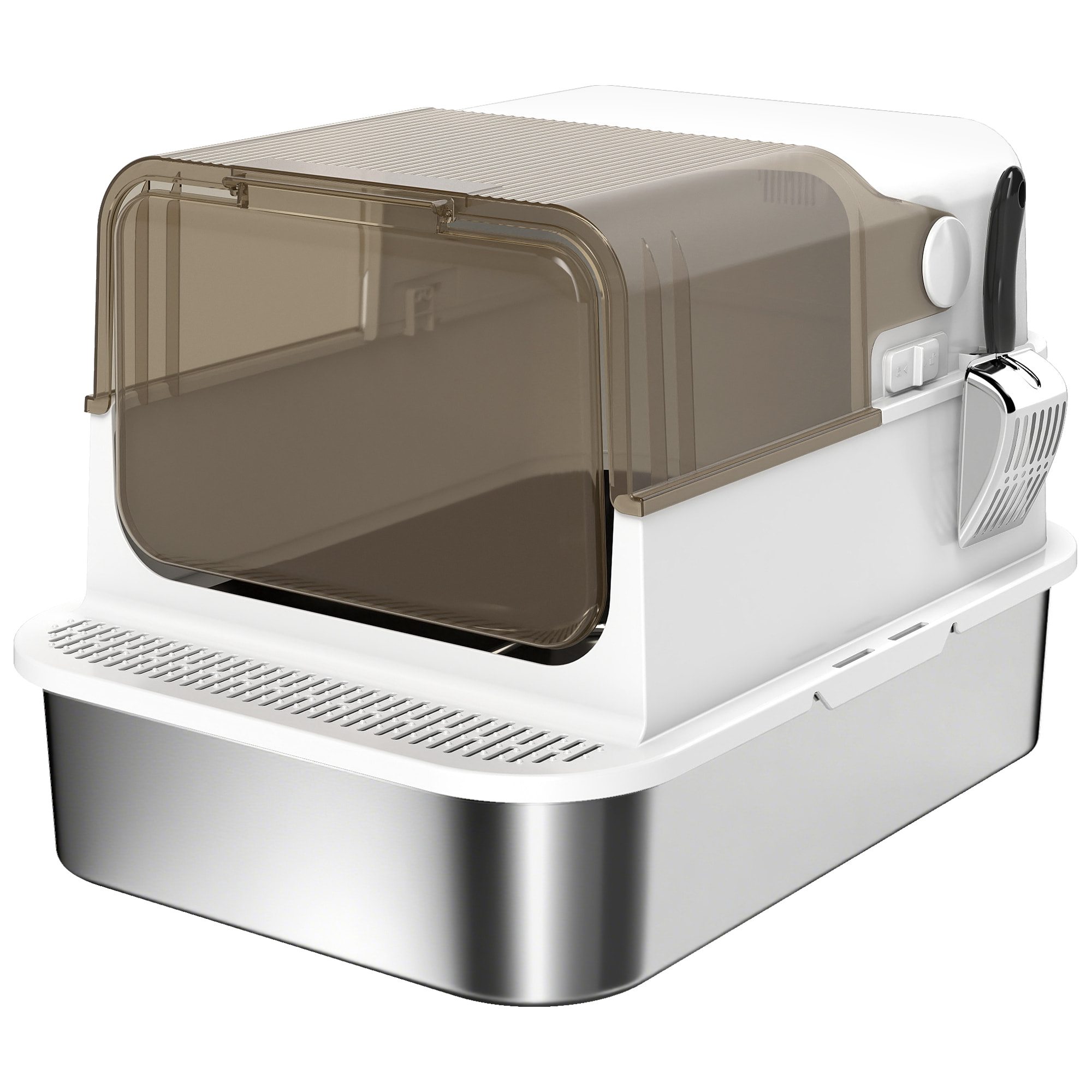 Maison de toilette bac à litière fermé acier inox - pelle, couvercle ouvrant, désodorisant - blanc fumé