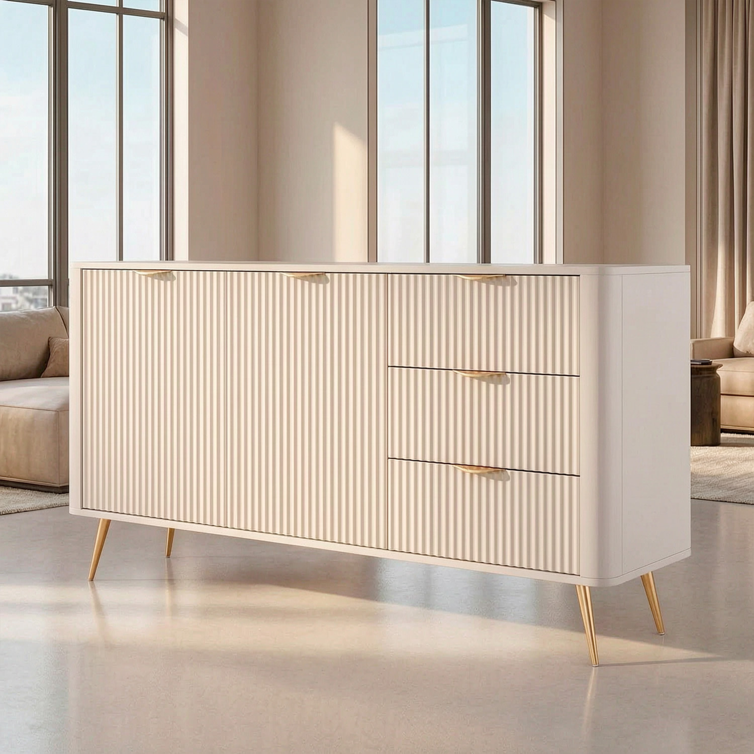 Madia Soggiorno Con 2 Ante e 3 Cassetti Credenza Salvaspazio Design Moderno Elegante Per Soggiorno Camera Con Piedini Slanciati 163 x 81 x 38 Cm Beige