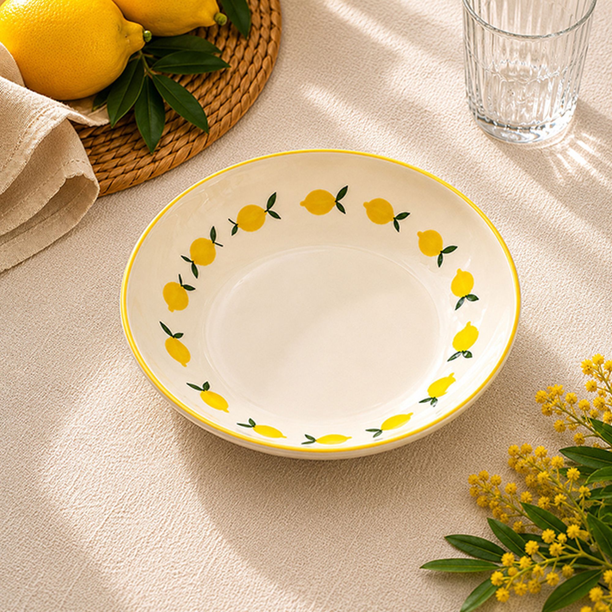 Lot de 6 assiettes creuses 20,5cm en grès jaune et blanc motif citron CITRON