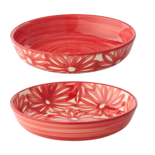 J-Line Assiette Profonde Fleurs - céramique - rouge - 2 pièces