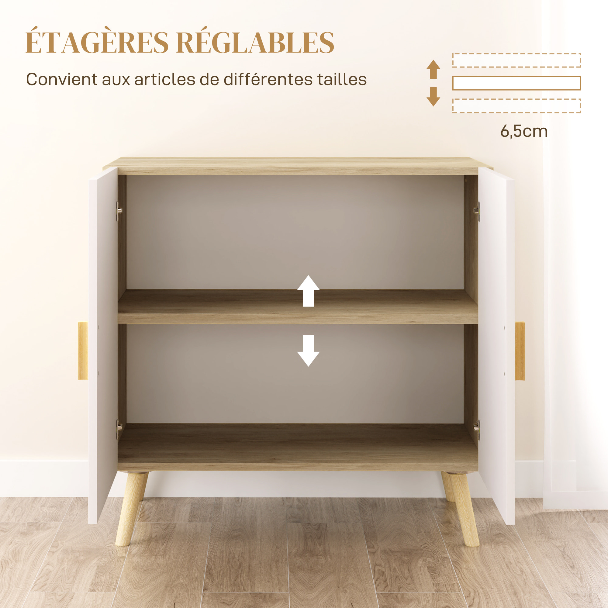 Buffet 2 portes étagère design scandinave - blanc effet chêne clair