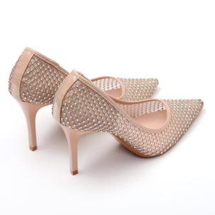 Dècolletè pumps in simil pelle con tomaia bucherellata ricoperta di strass