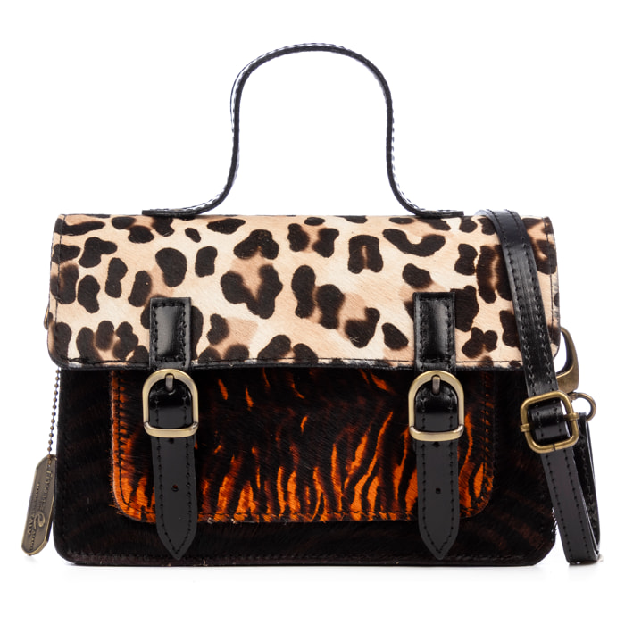 Assoro bolso Satchel con doble hebilla, piel auténtica Cavallino animal print.