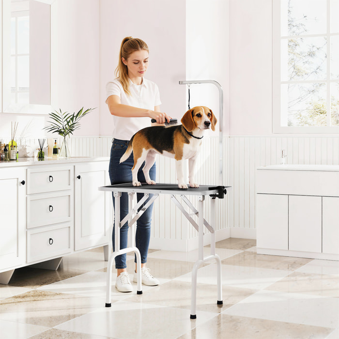 PawHut Mesa de Peluquería Canina Plegable, Mesa de Aseo con Encimera Antideslizante, Brazo de Acero Inoxidable Ajustable, para Perros Pequeños y Medianos, 81x48,5x80 cm, Negro