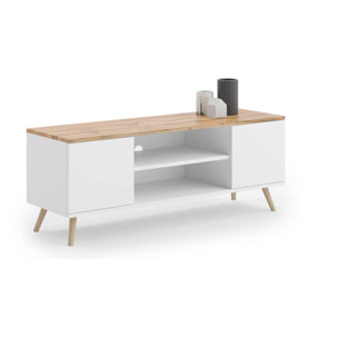 Mobile porta tv con 2 ante e 1 ripiano centrale, Credenza con piedini, Buffet da soggiorno in stile scandi, cm 155x40h49, colore Bianco e top color Acero