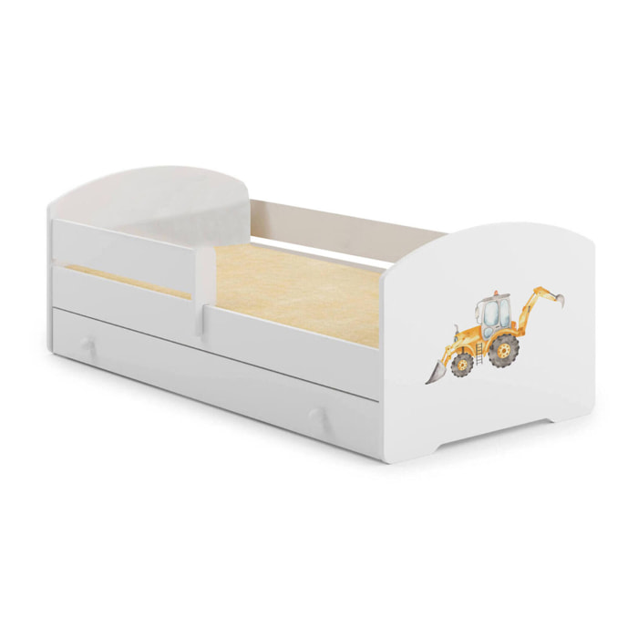 Letto per bambini Crising, Lettino per cameretta, Set camera da letto, Struttura porta materasso, 77x144 h56 cm, Bianco con Escavatore