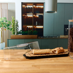 Boite à pain - COOK CONCEPT - BISTROT - Cloche Transparente - Support en Bois - Noir