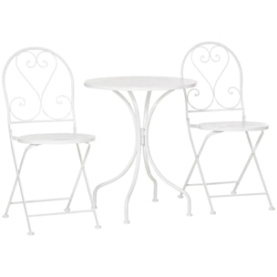Ensemble de jardin bistro 3 pièces 2 chaises pliantes et table ronde en métal époxy blanc