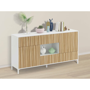 Credenza Wheaton, Buffet da soggiorno a 2 ante e 2 cassetti, Madia da salotto, Credenza moderna, 151x41h80 cm, Rovere e Bianco lucido