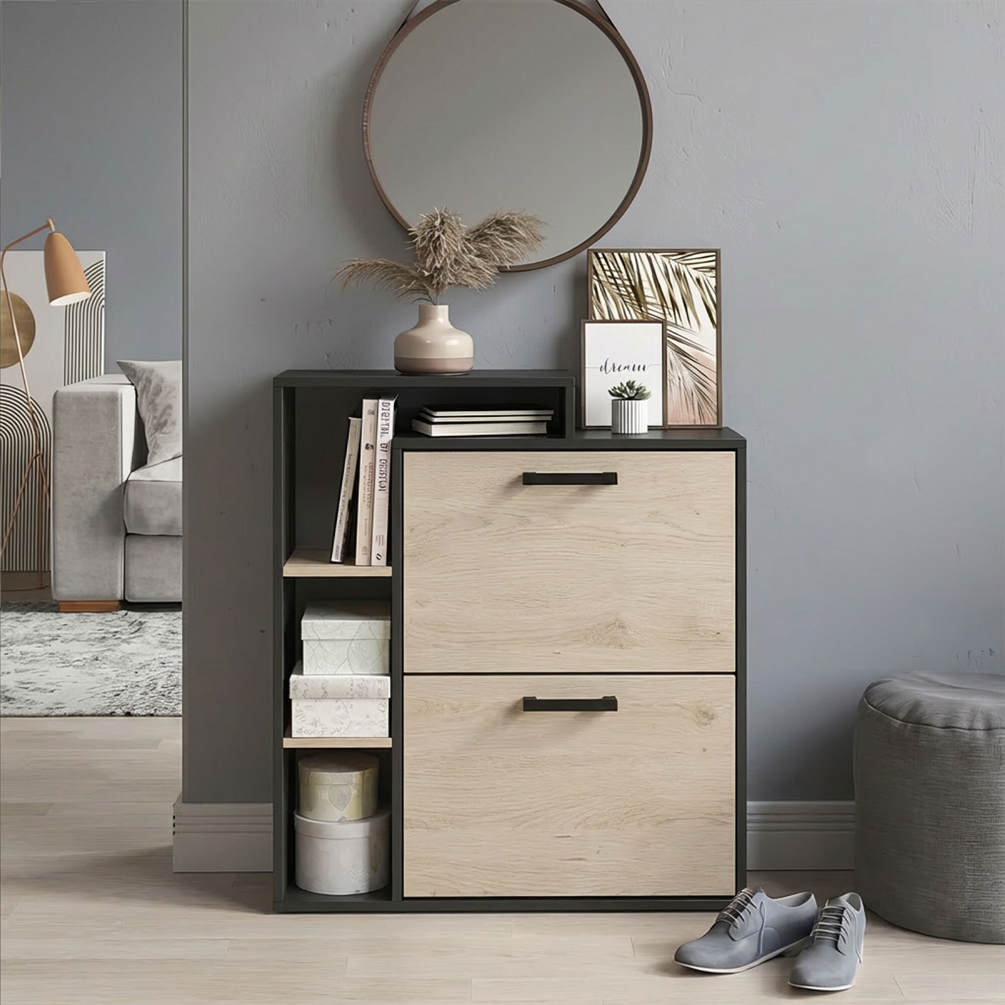 Sena - Scarpiera Salvaspazio 2 Ante 80x90x24,5 cm 12 Paia con Mensole e Ripiano Svuotatasche in Legno Nero